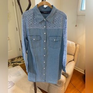 Denim 24/7 Denim Blue Lace Button-Up Shirt 16W